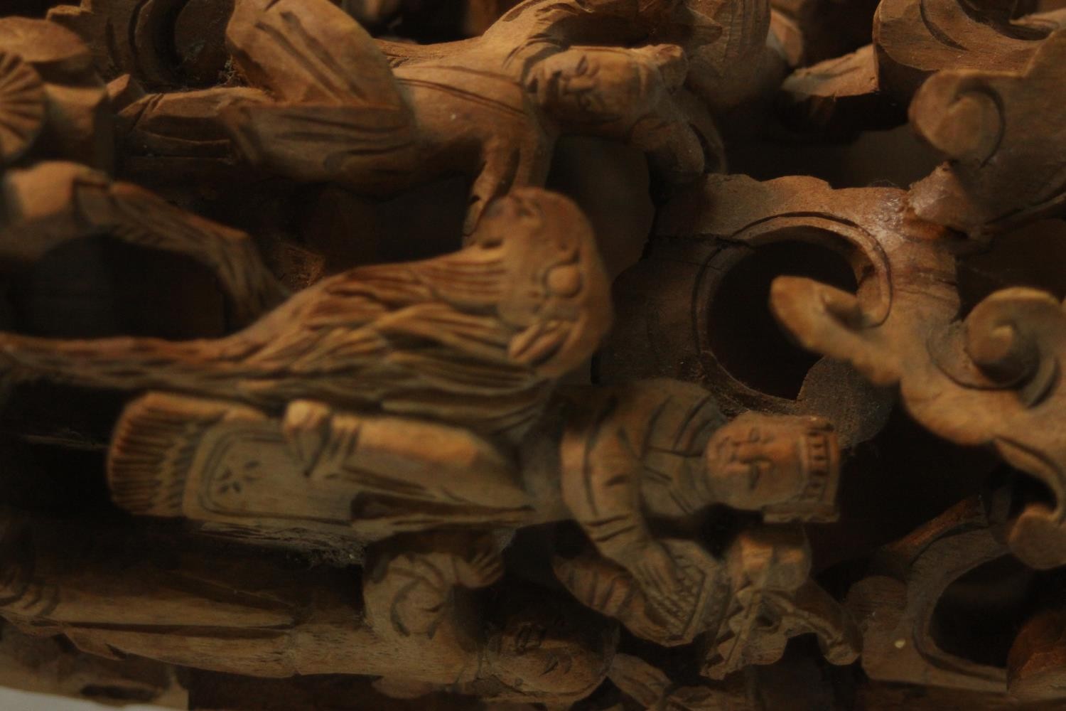 Two Chinese carved wood furniture panels, one carved with a procession of figures queueing to meet - Image 7 of 7