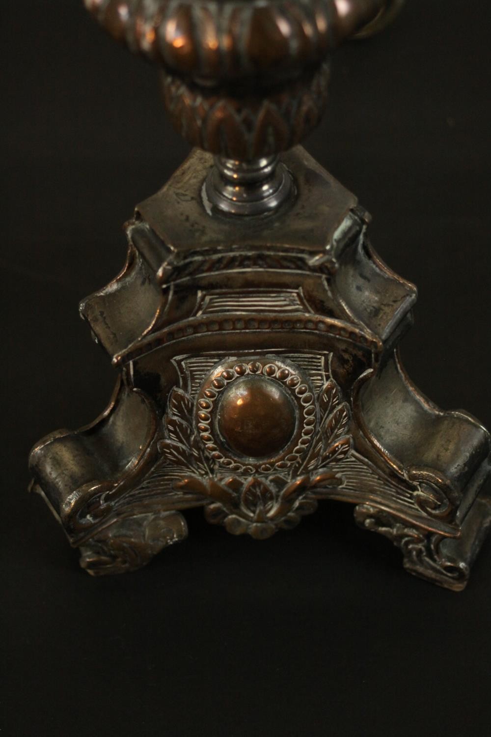 Two repousse silver plated candlesticks converted into table lamps. H.57 W.15 D.15cm. (largest) - Image 8 of 11