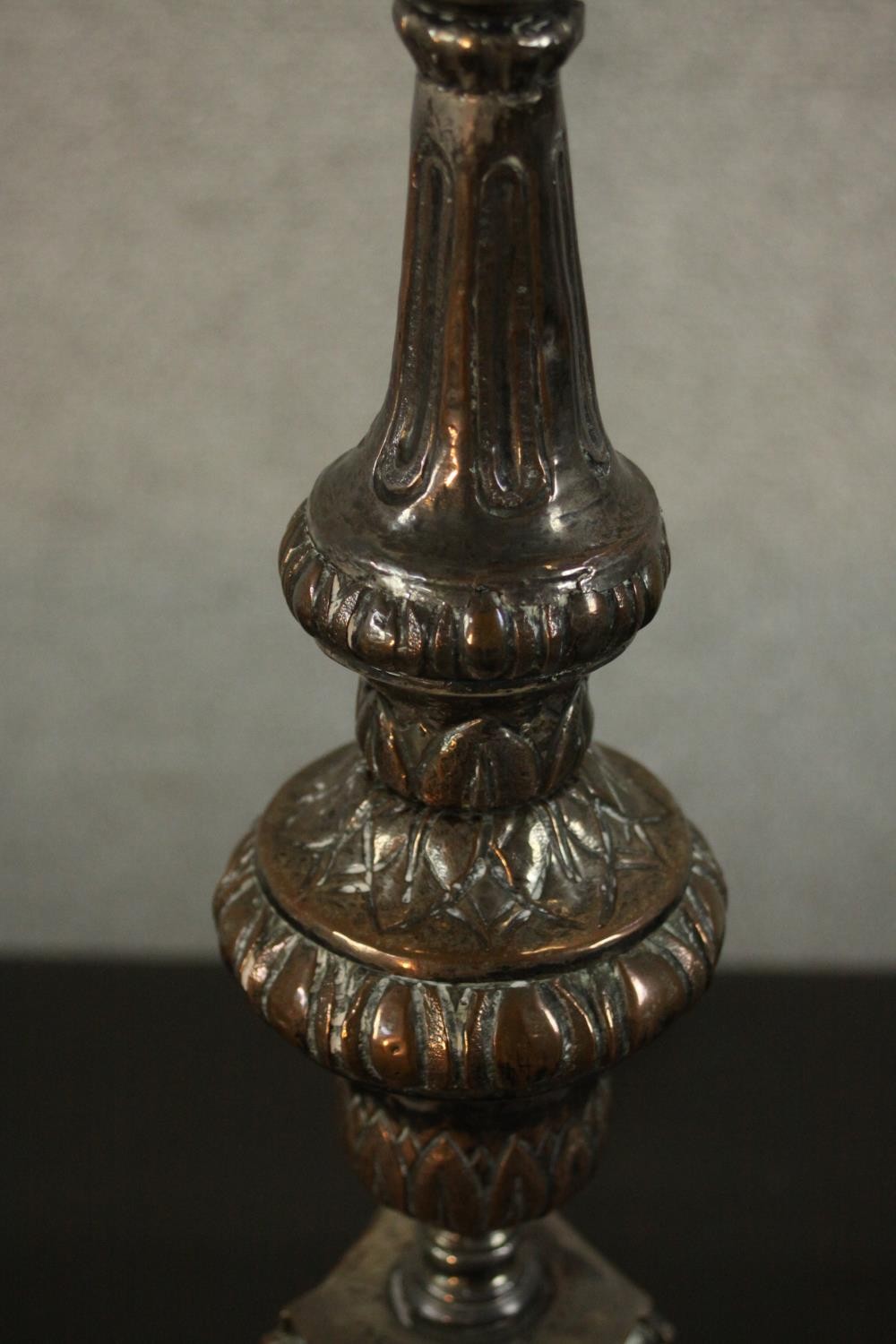 Two repousse silver plated candlesticks converted into table lamps. H.57 W.15 D.15cm. (largest) - Image 9 of 11