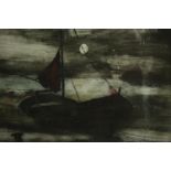 A framed and glazed oil on canvas of a sailing boat under moonlight, monogrammed H.W. and dated