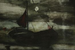 A framed and glazed oil on canvas of a sailing boat under moonlight, monogrammed H.W. and dated