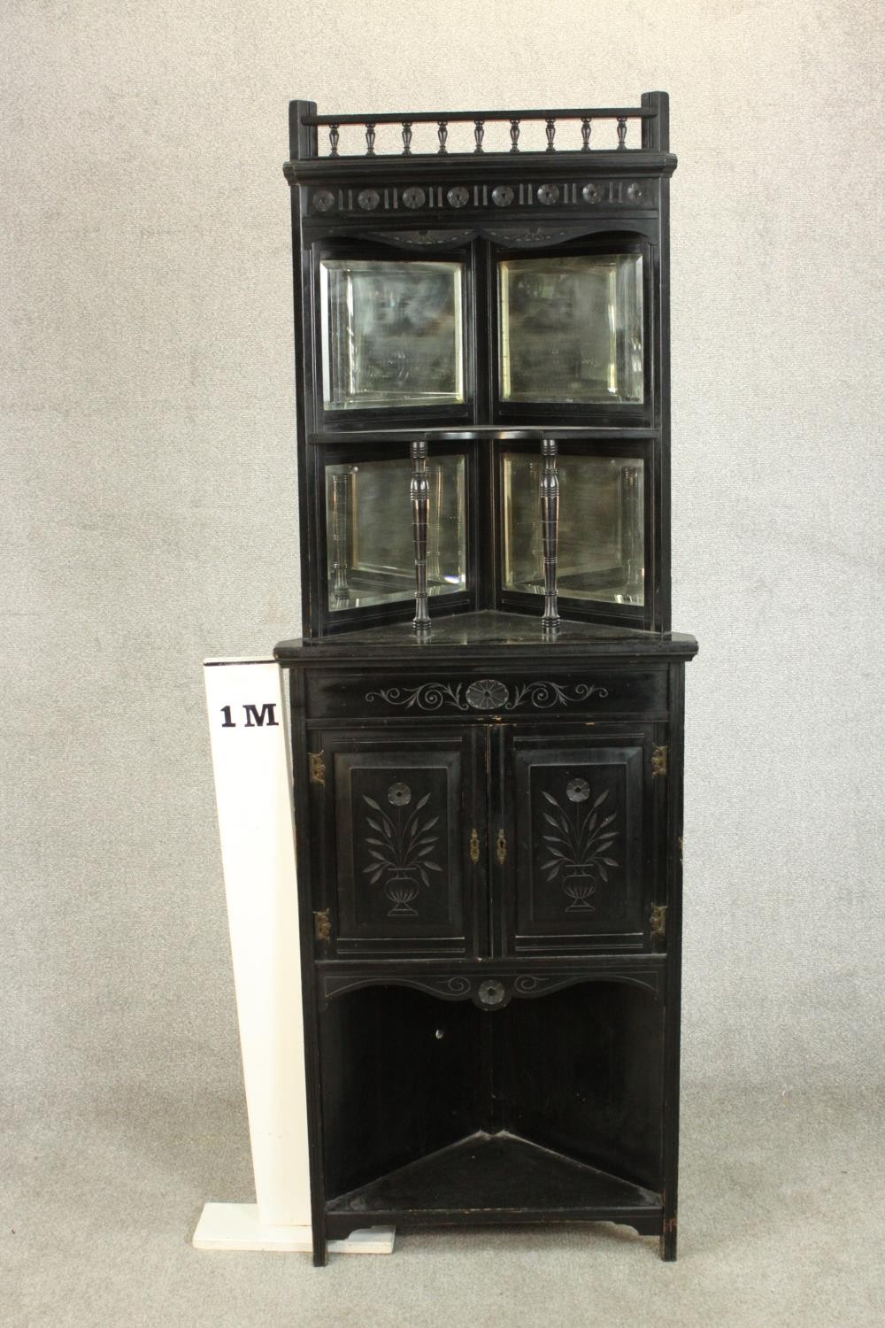 A Victorian Aesthetic movement ebonised corner cabinet with a gallery top over a shelf flanked by - Image 2 of 8