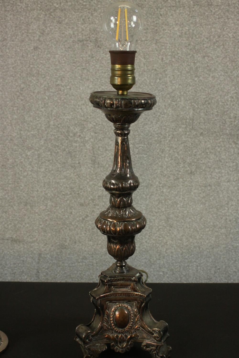 Two repousse silver plated candlesticks converted into table lamps. H.57 W.15 D.15cm. (largest) - Image 4 of 11