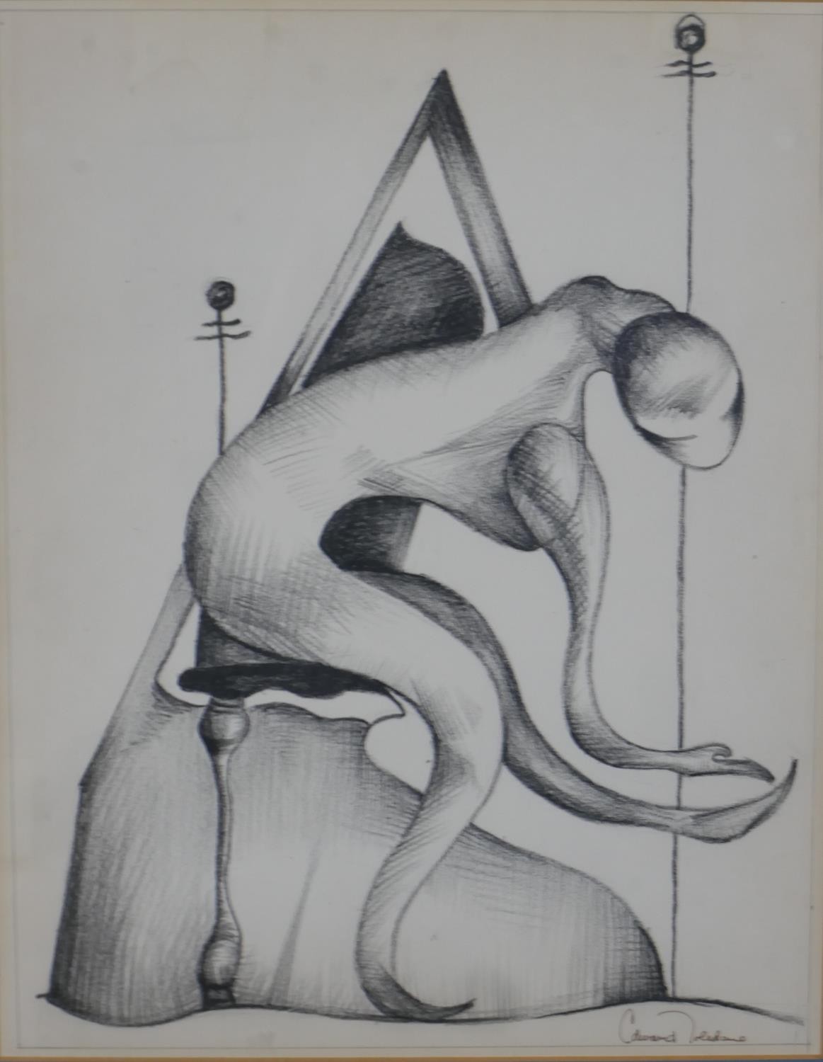 Edward Toledano (1919 - 2009), charcoal on paper, surreal figure study, signed. H.62 W.49cm - Image 2 of 5