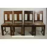 A set of four contemporary hardwood dining chairs, with solid seats on square section legs joined by