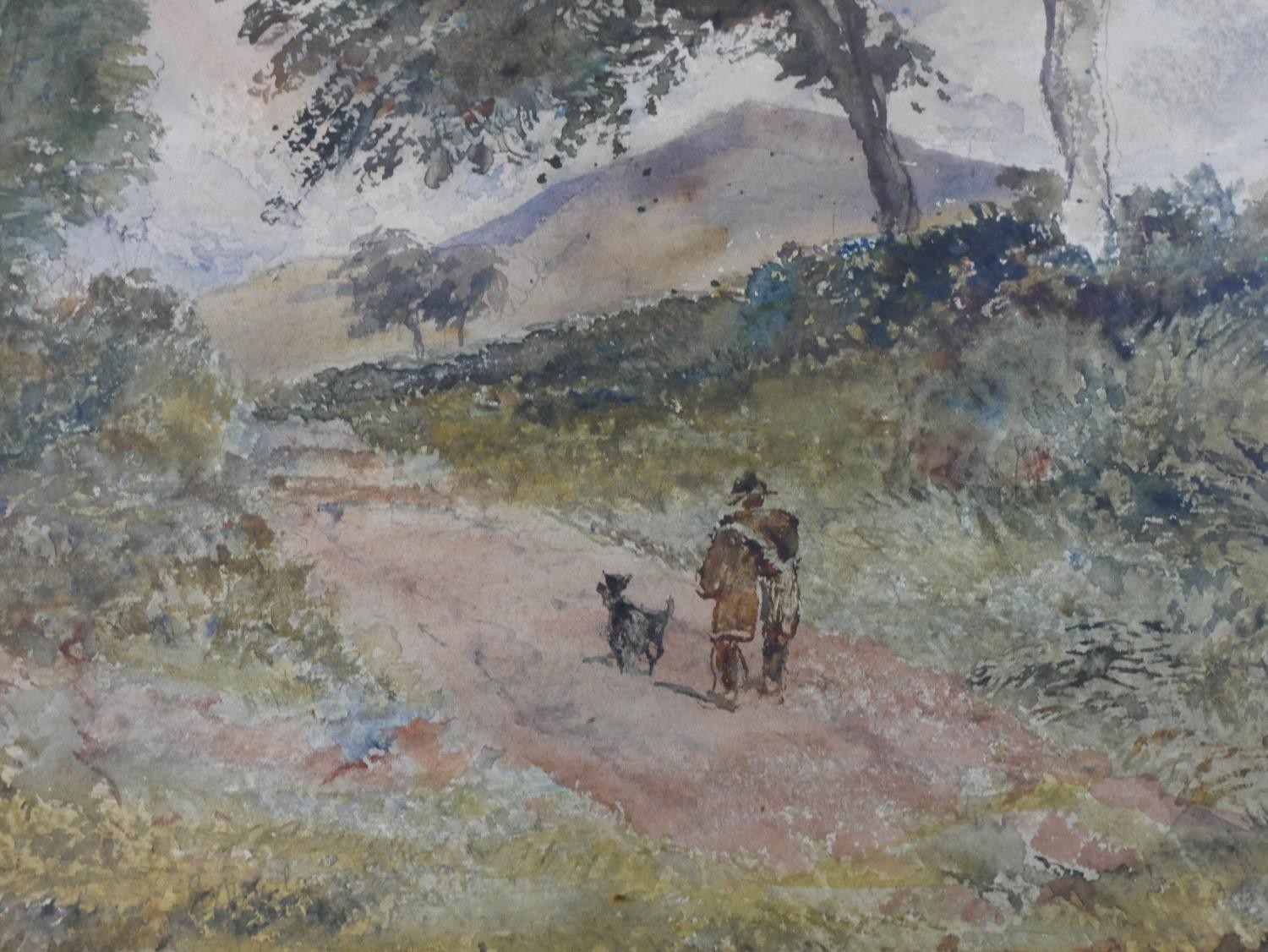 A framed and glazed watercolour of a countryside path with man and his dog, indistinctly signed. H. - Image 4 of 5