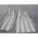 A pair of fully lined heavy striped cream, white ad grey silk/cotton mix curtains, ruched and button