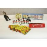 Herald model soldiers boxed, a 1950s Smiths 30 hour Hare and Tortoise mantle clock with round
