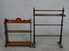 A Victorian turned towel rail with ring turned supports together with a Victorian stained ash set of