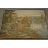 A French or Belgian machine woven tapestry wall hanging, depicting two ladies calling across a