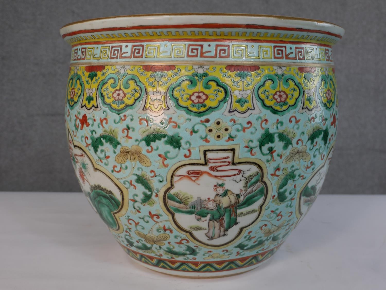 A large Chinese early 20th century porcelain gold fish bowl, the outside hand painted with a - Image 4 of 7