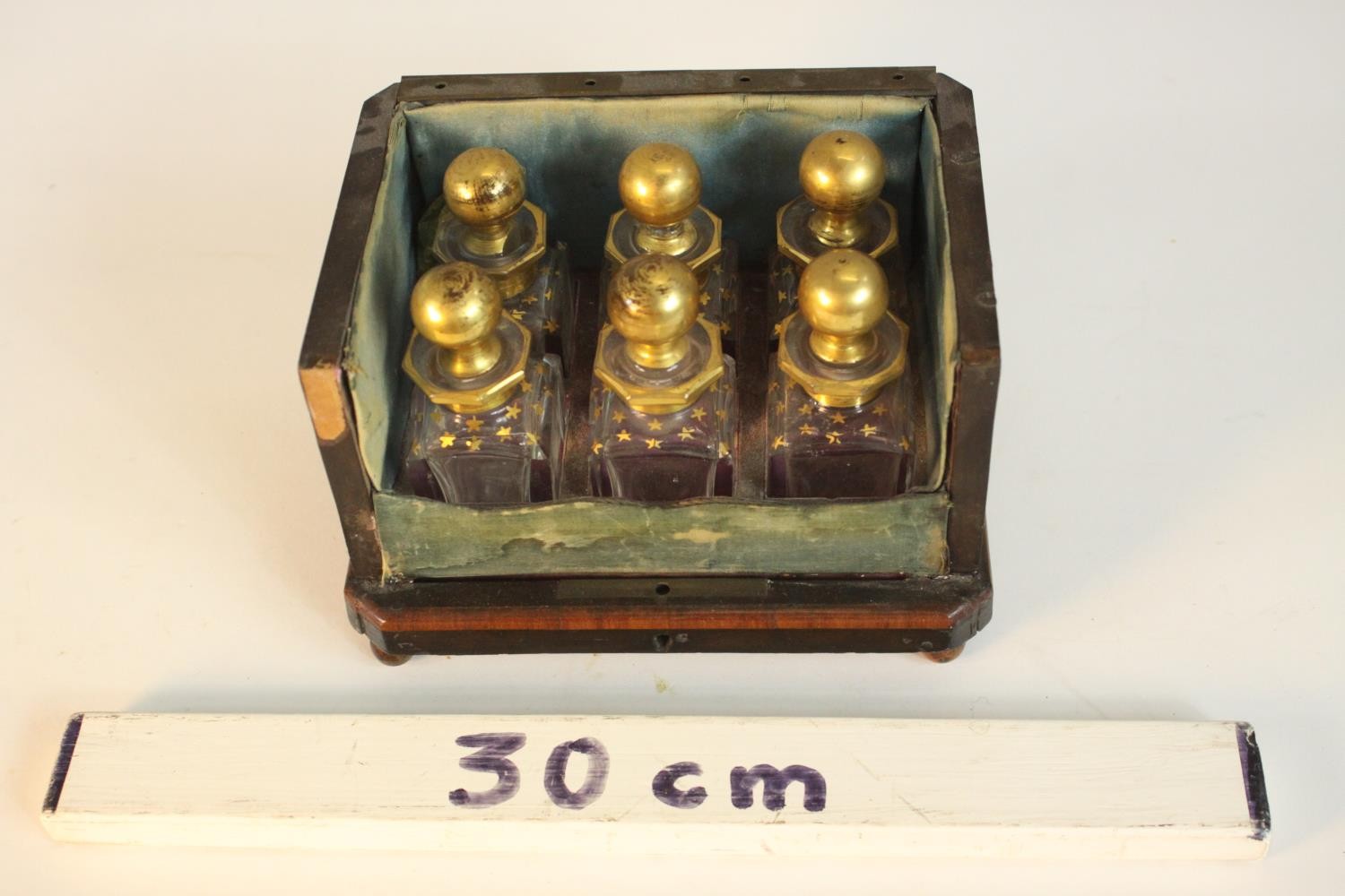 A 19th century six bottle perfume box, inlaid with burr wood panels, missing the front and lid, with - Image 2 of 9