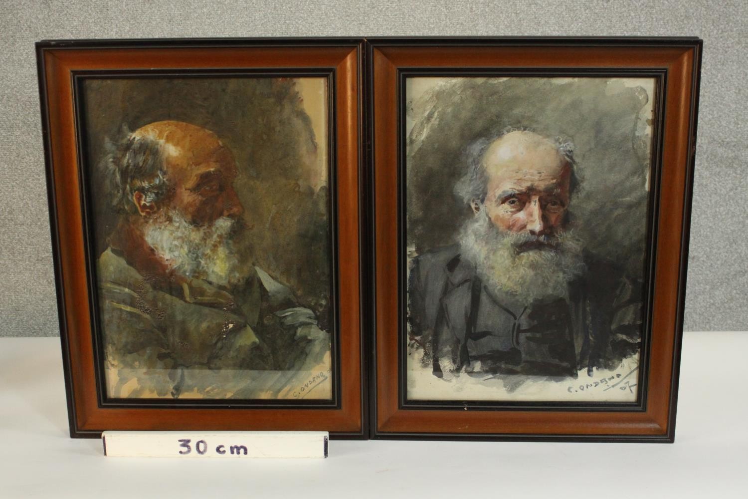Two framed and glazed watercolour portraits of an old man with a beard, one from the side and one - Image 2 of 7