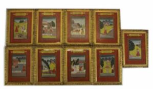 Nine carved gilt framed 19th century Mogul gouaches on paper of various scenes from an Indian story,