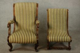 Two similar Victorian walnut slipper chairs, with striped upholstery, one with open arms, on