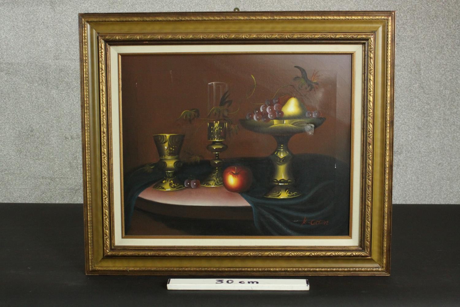 K Cotton (late 20th century school), Still Life With Fruit, oil on canvas, signed lower right. H. - Image 3 of 5