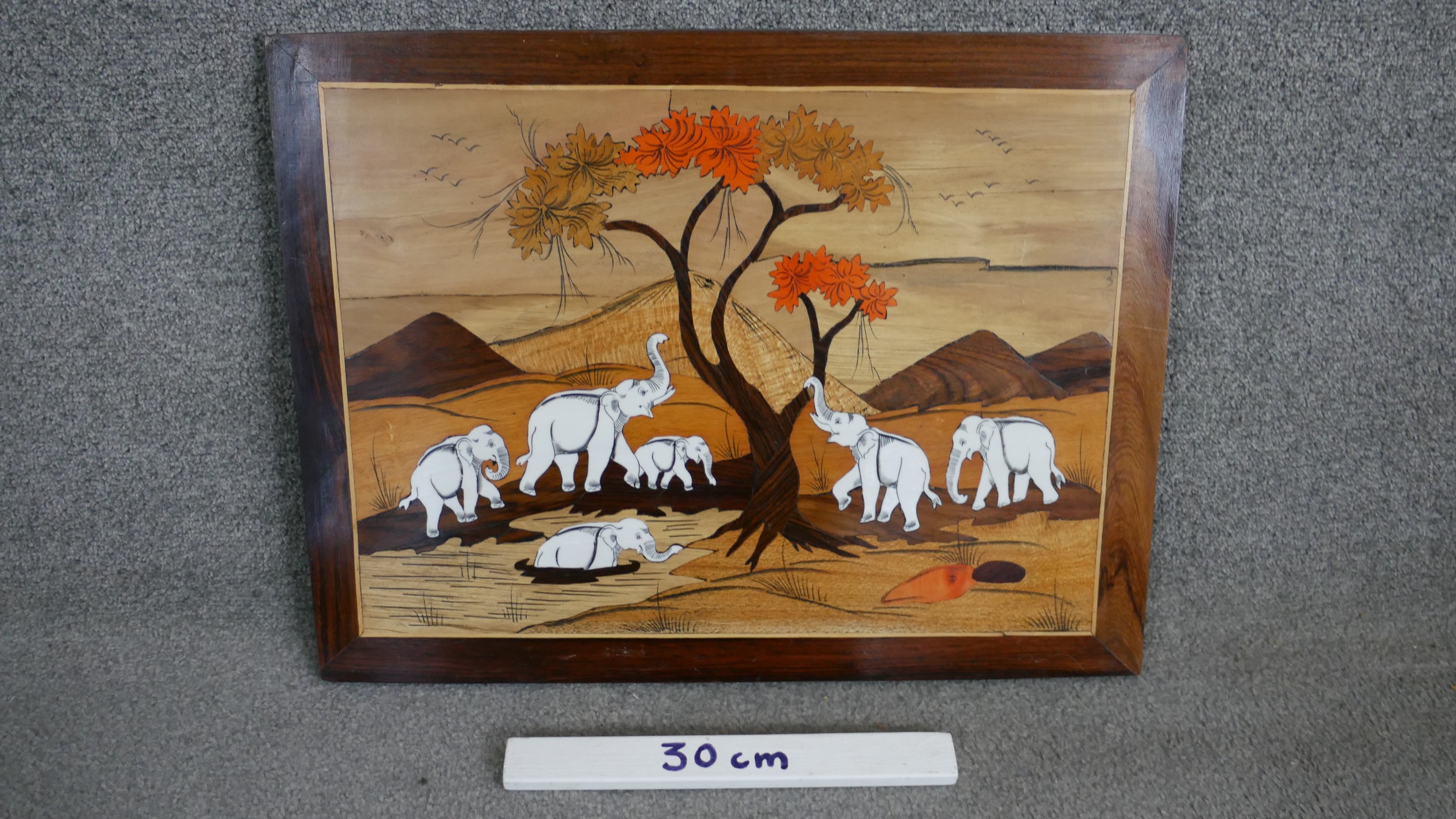 An Indian marquetry panel depicting a herd of elephants at the watering hole under a tree. H.44 W. - Image 3 of 4