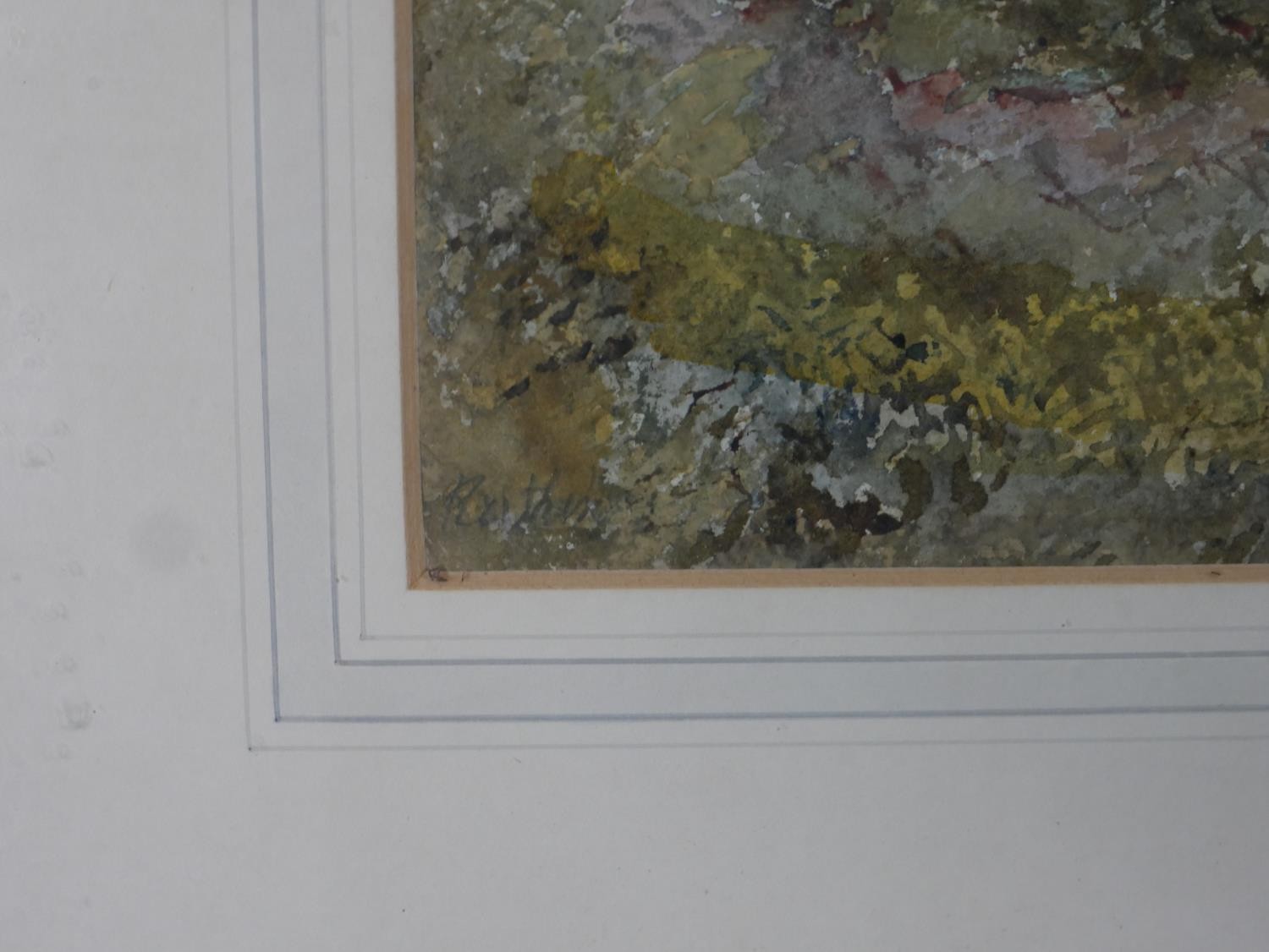 A framed and glazed watercolour of a countryside path with man and his dog, indistinctly signed. H. - Image 5 of 5