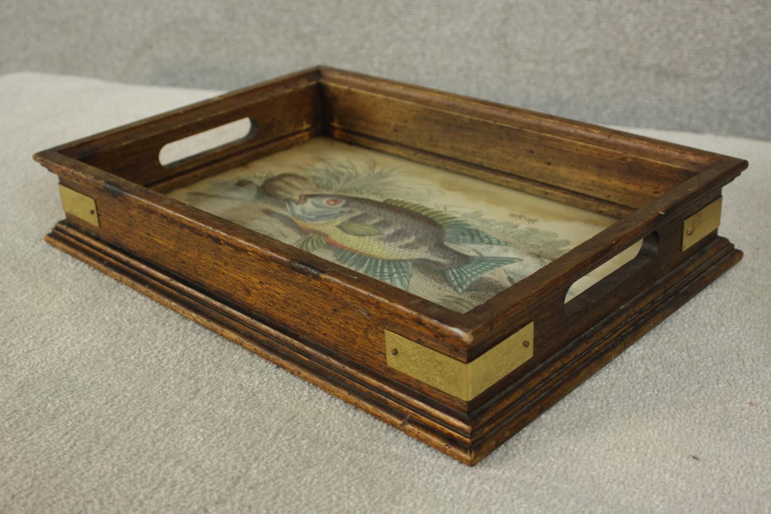 Two early 20th century rectangular trays, one with pierced handles and brass banded corners with a - Image 4 of 9