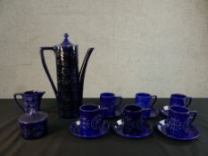 Susan Williams-Ellis for Portmeirion, a Totem pattern coffee set in a cobalt blue glaze, to seat