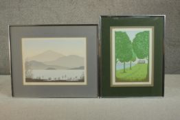 Jan U King, two signed limited edition woodblock prints, one of a lake with mountains and one of