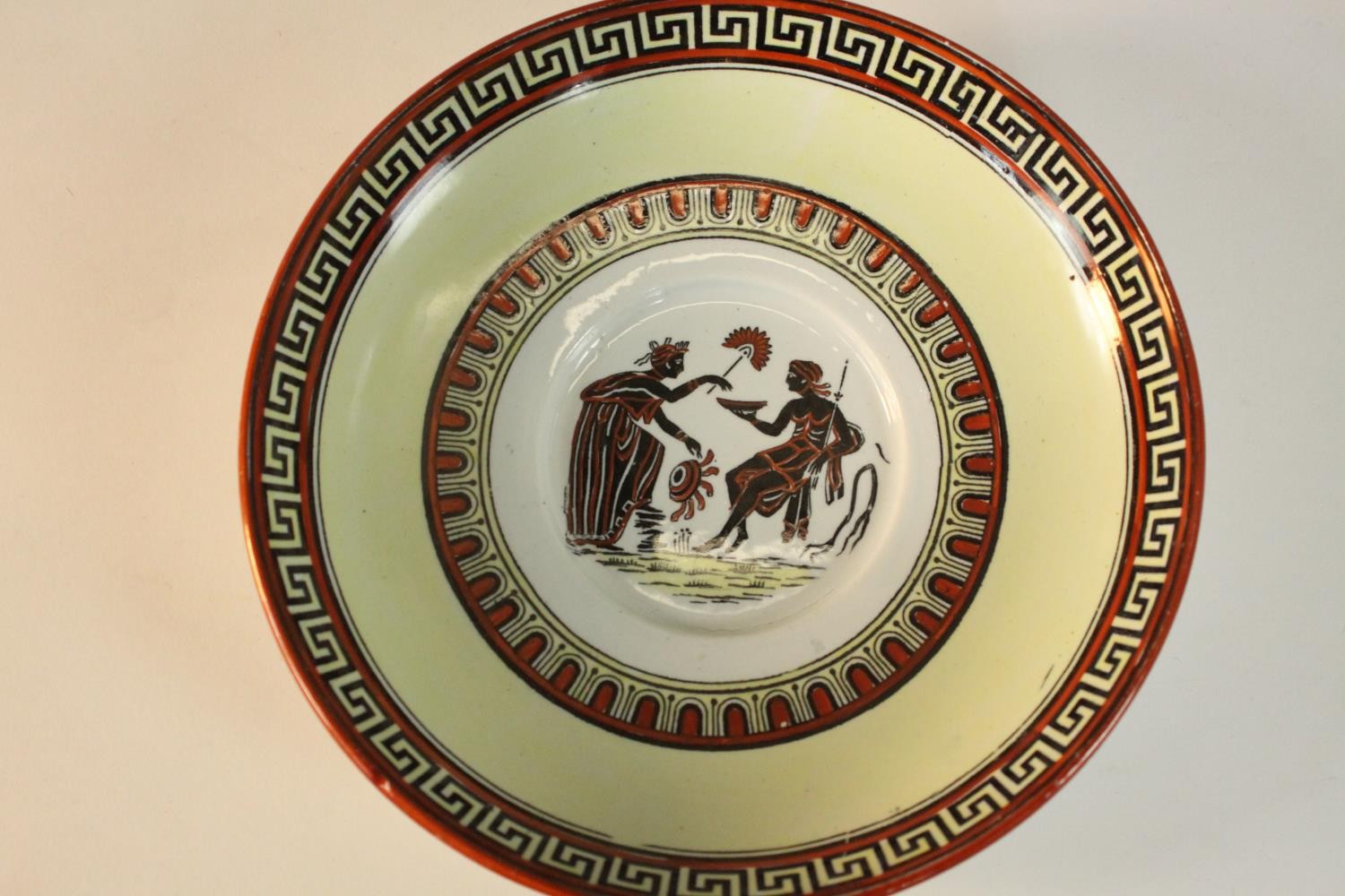 A Classical Greek key and figural design lidded hot chocolate cup and saucer, makers mark and - Image 3 of 12