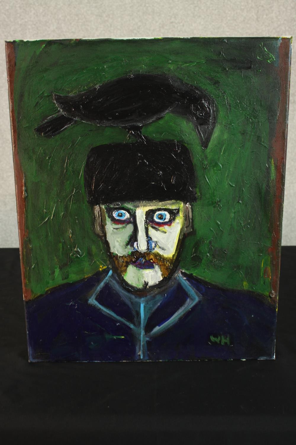 Wolf Howard, Acrylic on canvas. Man With Crow On Head, initialled lower right, inscription verso. - Image 2 of 6