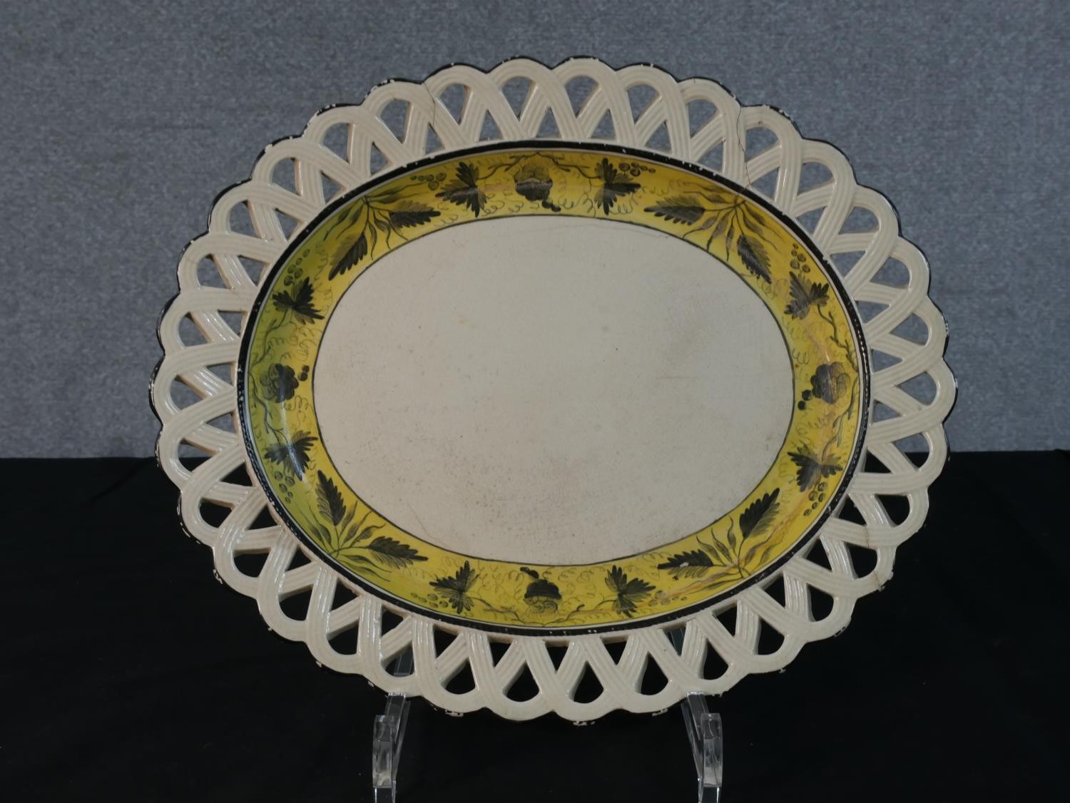 A SHORTHOSE & HEATH 19th century pierced cream woven design two handled ceramic dish and matching - Image 2 of 11