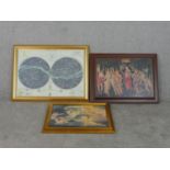 Three framed and glazed prints, a map of the solar system, Primavera by Sandro Botticelli and
