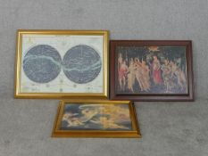 Three framed and glazed prints, a map of the solar system, Primavera by Sandro Botticelli and