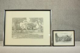 A framed and glazed crayon sketch of the Yarn Market, Dunster along with a signed etching of a