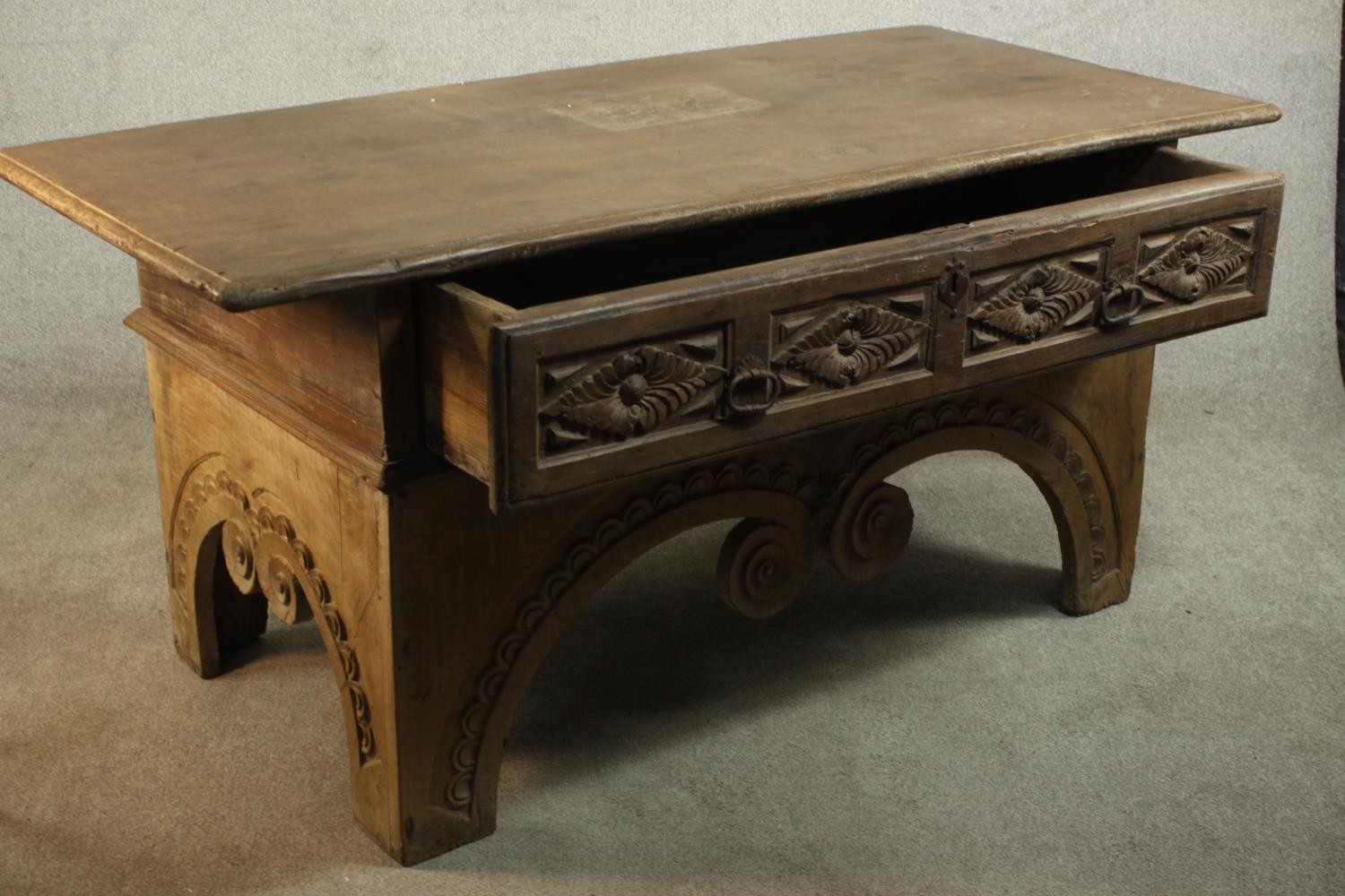 An Eastern carved hardwood side cabinet on scrolling shaped supports. H.82 W.175 D.82cm. - Image 13 of 16