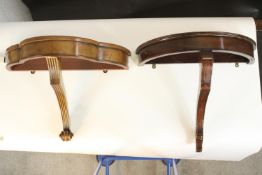 Two 20th century console tables, one demi lune mahogany with a reeded edge, on a scrolling