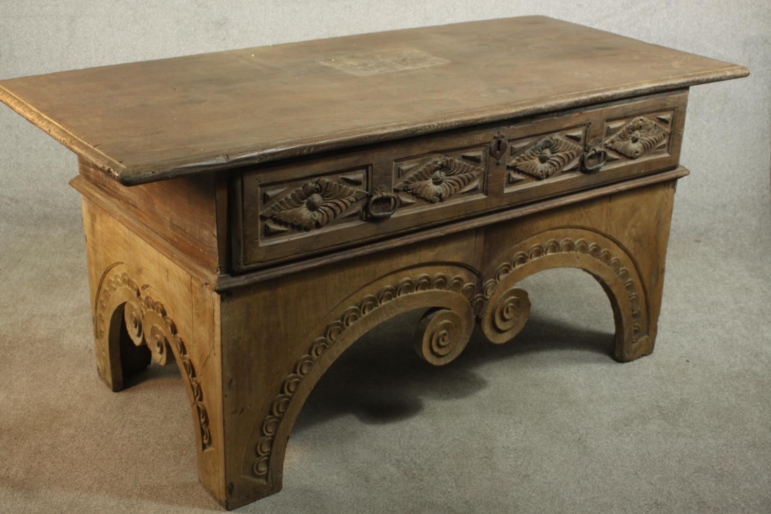 An Eastern carved hardwood side cabinet on scrolling shaped supports. H.82 W.175 D.82cm. - Image 6 of 16