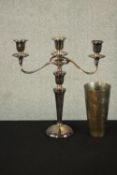 A silver plated three branch candelabra along with an Indian silver plated etched vase. H.36 W.31