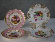 Two 19th century gilded and hand painted plates with bird nest and floral design withing a gilded