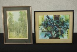 A framed and glazed watercolours of a forest, indistinctly signed and a framed and glazed abstract