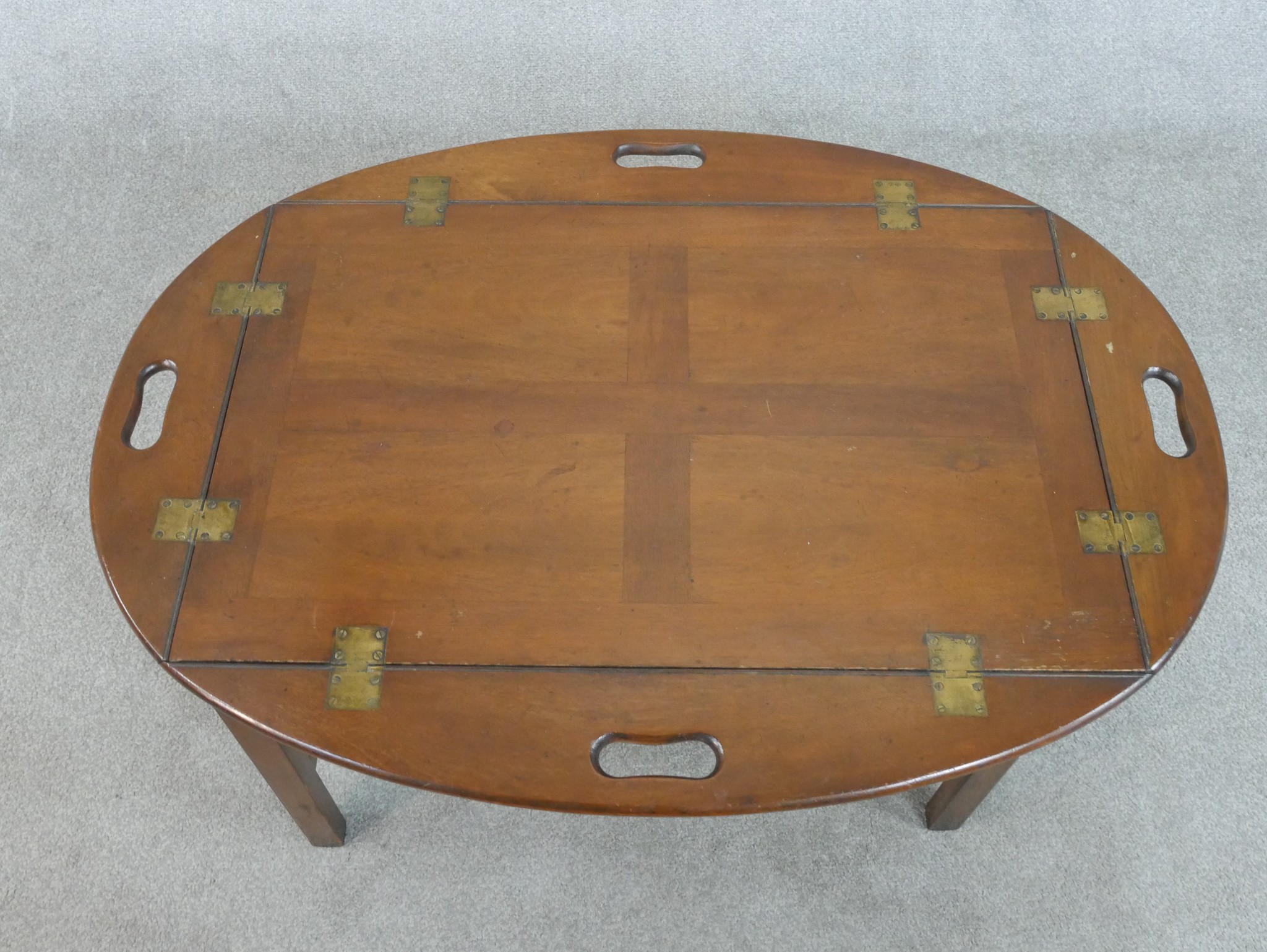 A 19th century style walnut butler's tray and stand, with four fold down sides, pierced handles - Image 3 of 4