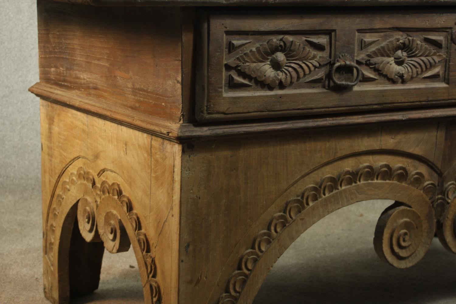 An Eastern carved hardwood side cabinet on scrolling shaped supports. H.82 W.175 D.82cm. - Image 8 of 16