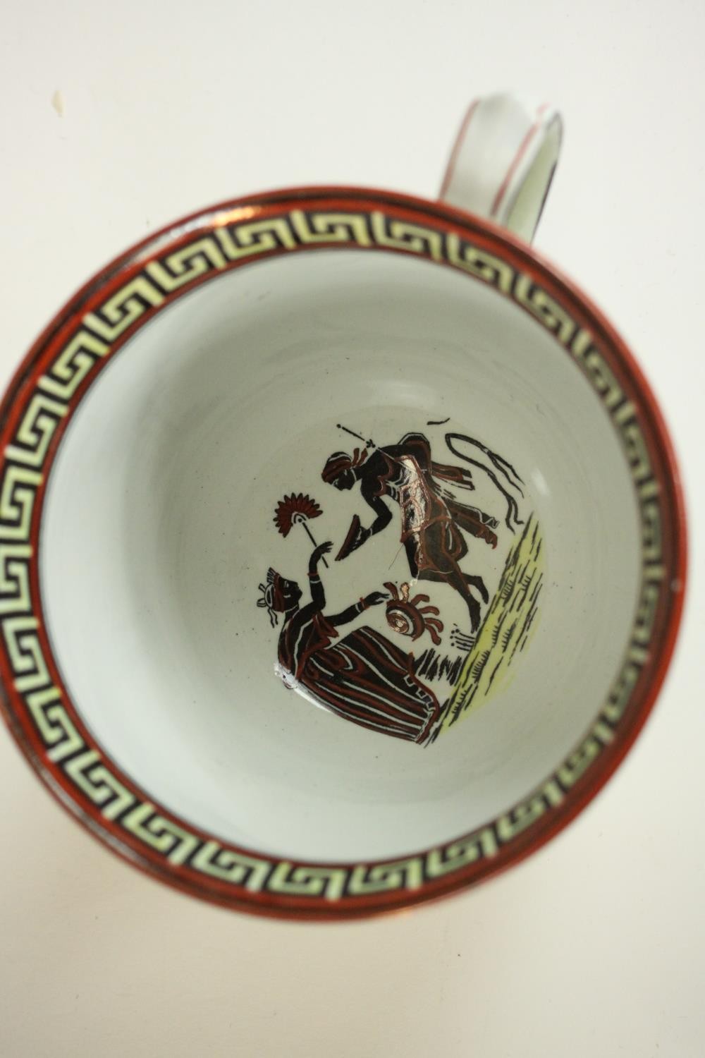 A Classical Greek key and figural design lidded hot chocolate cup and saucer, makers mark and - Image 7 of 12