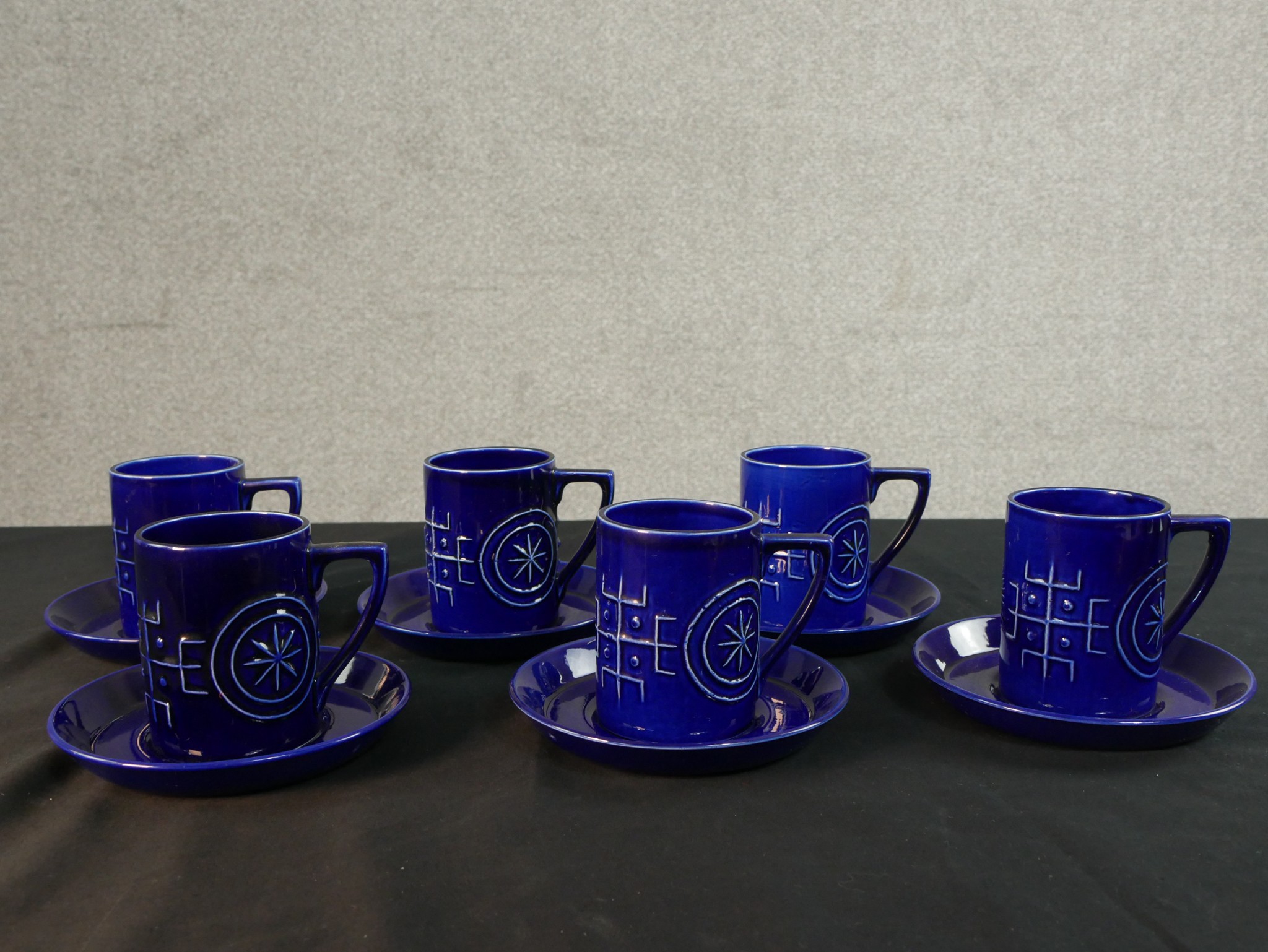 Susan Williams-Ellis for Portmeirion, a Totem pattern coffee set in a cobalt blue glaze, to seat - Image 4 of 6