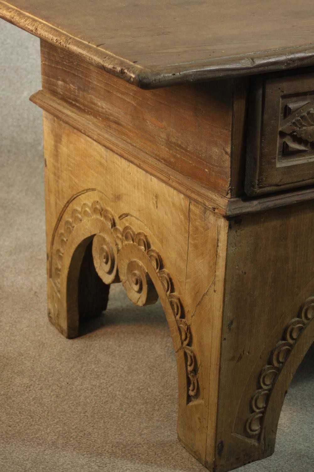 An Eastern carved hardwood side cabinet on scrolling shaped supports. H.82 W.175 D.82cm. - Image 12 of 16