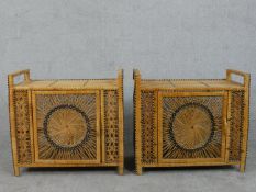 A pair of vintage woven rattan bedside cabinets. H.66 W.73 D.41cm
