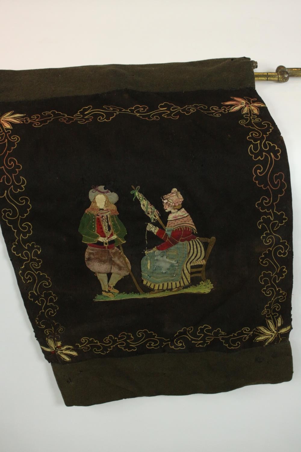 A Victorian embroidered brass extendable fire screen. Decorated with a couple withing a stylised - Image 4 of 8