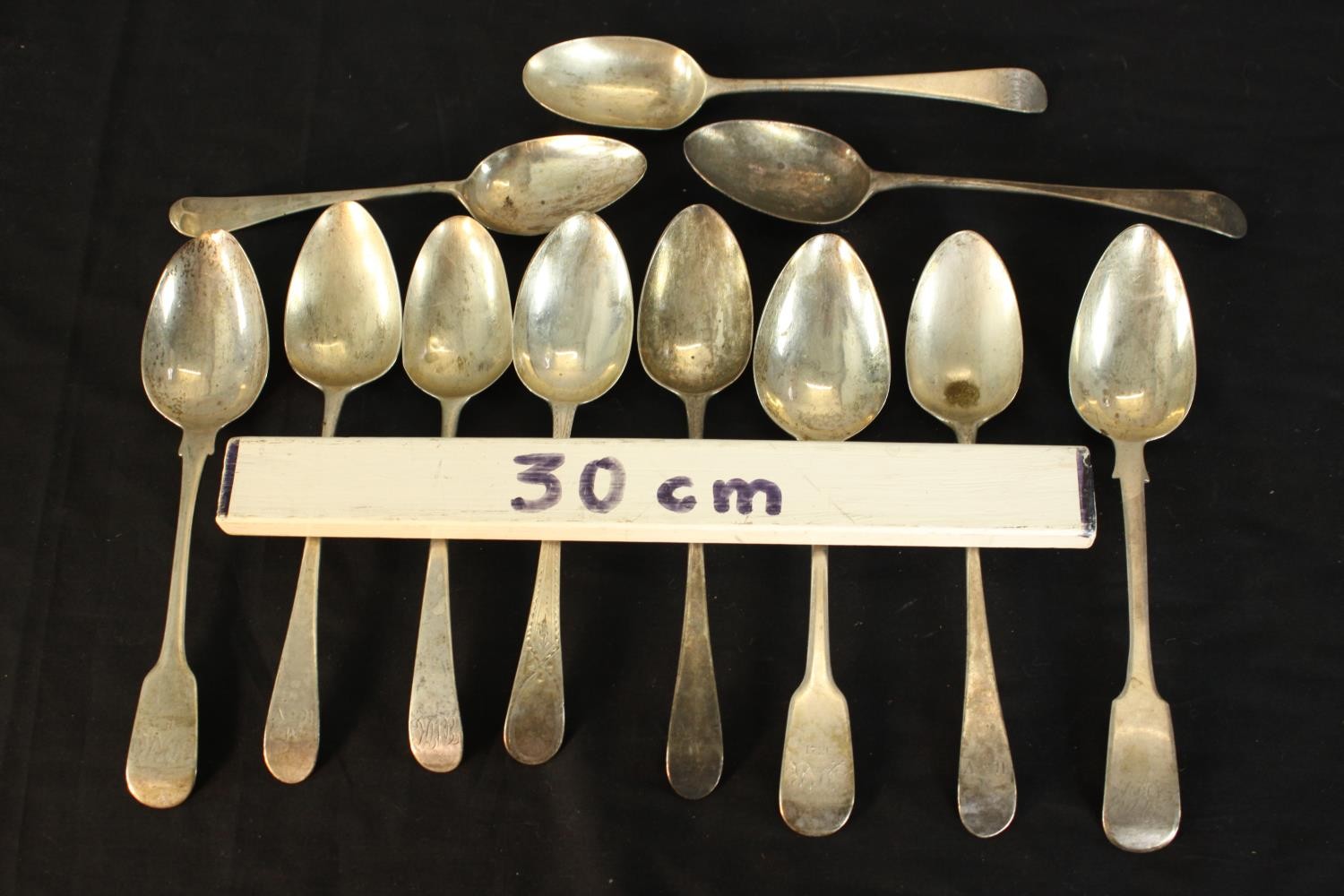 A collection of eleven silver serving spoons, including a pair of Georgian serving spoons (HB for - Image 2 of 8