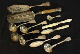 A collection of silver and silver plate cutlery, including a silver ended antler handled silver