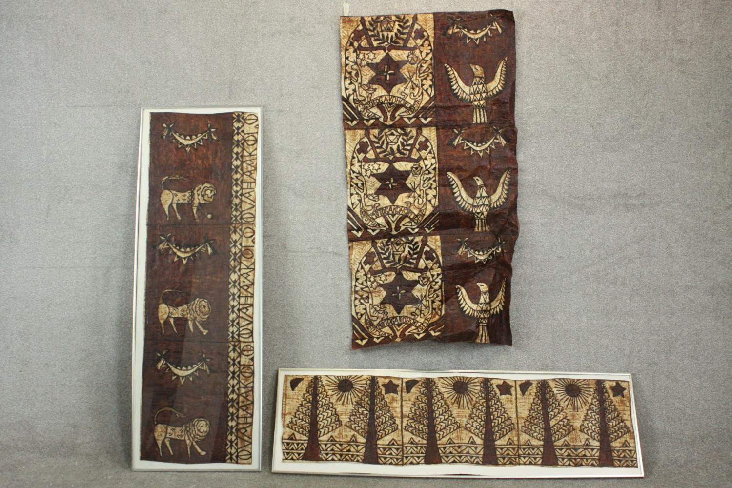 Two large Tonganese Tapa cloth wall hangings, one depicting animals and one depicting stylised trees
