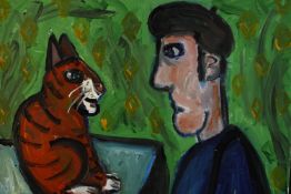 Wolf Howard, Acrylic on canvas. Cat and Man Talking, initialled lower right, inscription verso. H.51