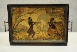 A 19th century twin brass handled pokerwork and marquetry tray, depicting two natives holding a