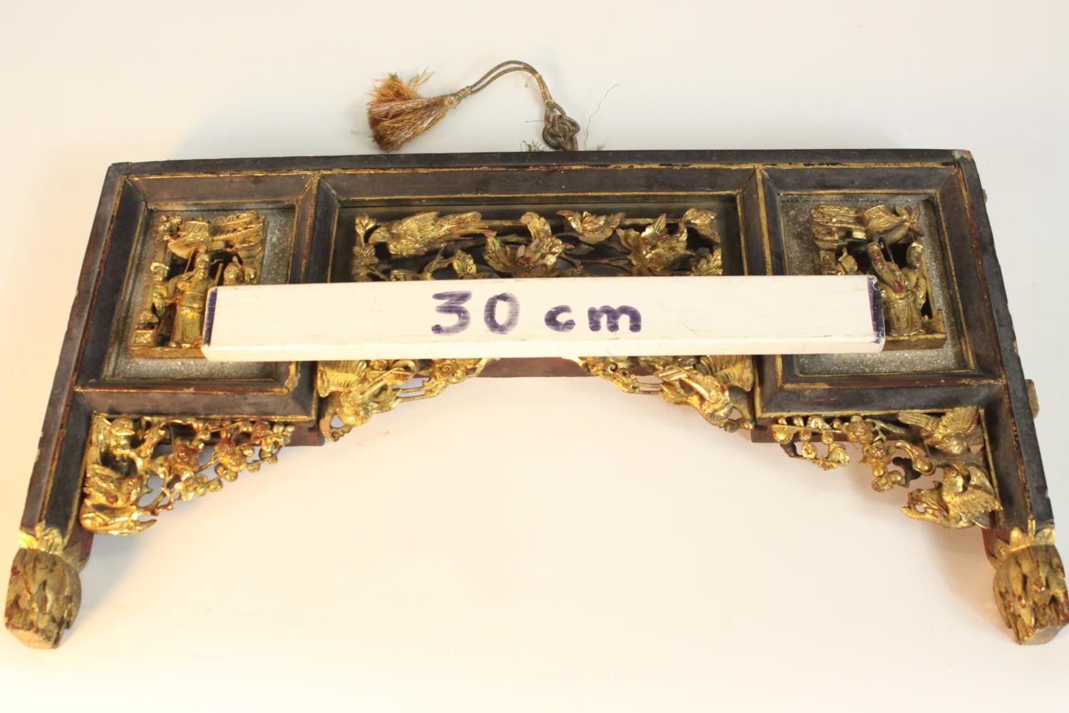 A Chinese furniture mount, set with carved and pierced giltwood panels, decorated with figures, - Image 2 of 11